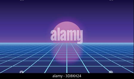Scène d'onde synthwave vibrante avec soleil rose éclatant, grille de néon bleue et ciel violet Illustration de Vecteur