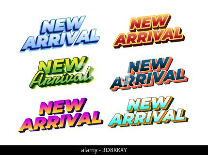 Une collection de six logos de texte colorés mettant en vedette New Arrival dans diverses polices et designs, mettant en valeur différents schémas de couleurs et effets comme le dégradé Illustration de Vecteur