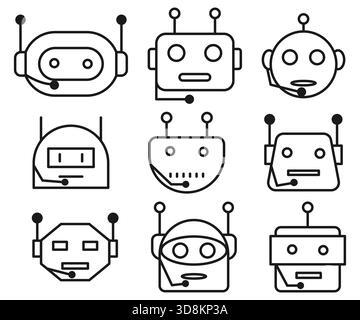 Ensemble de visages robotiques d'intelligence artificielle conçus comme des assistants virtuels avec microphones, parfaits pour les concepts de support numérique. Collection d'icônes de ligne représentant des chatbots IA avec des casques, symbolisant le service client, le centre d'appels et l'assistance en ligne. Illustration de Vecteur