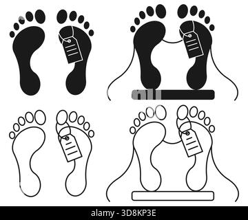 Illustration vectorielle de pieds humains avec étiquette d'orteil, représentant la morgue, la mort ou le concept médico-légal. Pieds de morgue avec étiquette. Icône pieds du corps mort. Illustration de mort médico-légale. Symbole de morgue de scène de crime. Motif d'étiquette d'autopsie. Illustration de Vecteur