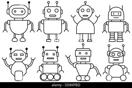 Icônes vectorielles noir et blanc minimales de différents robots, parfaites pour la technologie, l'IA et les concepts d'innovation. Ensemble de robots d'intelligence artificielle dans une conception simple, représentant la technologie future, l'automatisation et la robotique. Illustration de Vecteur