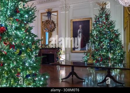 Portrait de l'ancienne première dame Dolly Madison dans la salle East est encadré par deux arbres de Noël vus depuis le Cross Hall lors de la tournée médiatique des décorations de Noël de la Maison Blanche 2025 à la Maison Blanche à Washington, DC, États-Unis, le lundi 1er décembre 2025. Ce thème de vacances years est « la maison est là où le cœur est. crédit : Ron Sachs/CNP Banque D'Images