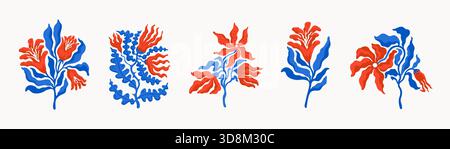 Ensemble floral avec des illustrations vectorielles de fleurs ondulées dans le style scandinave. Fleurs rouges et bleues, design floral abstrait, parfait pour les impressions, les affiches, et Illustration de Vecteur