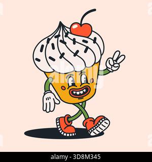 Personnage de cupcake de dessin animé rétro groovy avec crème fouettée, saupoudrées et cerise sur le dessus. Mascotte de muffins ludique marchant dans un style vintage avec expressif Illustration de Vecteur