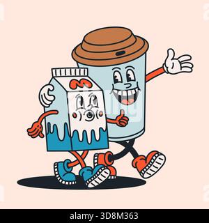Café et lait marchant ensemble, joyeux duo de personnages groovy dans un style de dessin animé rétro. Personnages de boisson vintage avec des poses animées et expressives Illustration de Vecteur