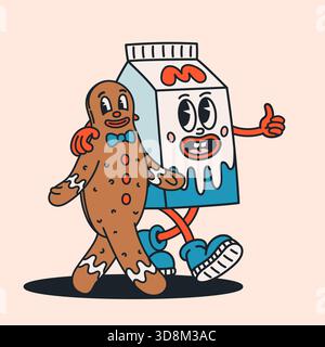Personnage de lait et de pain d'épices dans un style de dessin animé rétro groovy avec des visages drôles. Groovy carton de lait et illustration vectorielle de personnages d'homme de cookie. Super Illustration de Vecteur