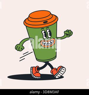 Personnage de tasse à café dans un style de dessin animé groovy rétro avec un visage expressif. Design de personnage Groovy Drink avec des couleurs vintage et un mouvement ludique. Parfait Illustration de Vecteur