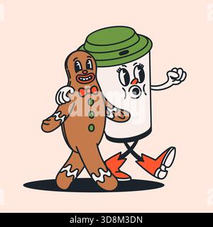 Personnages de dessins animés groovy rétro, tasse à café marche et un cookie en pain d'épice souriant dans un style vintage. Tasse de café de vacances ludique et duo de biscuits avec Illustration de Vecteur