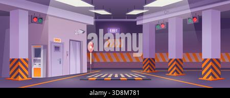 Parking souterrain. Intérieur de garage urbain avec différents marqueurs et barrières spécifiques pour le fond de bande dessinée vectoriel exact des voitures Illustration de Vecteur