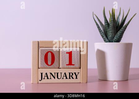 Calendrier perpétuel en bois montrant le 1er janvier Banque D'Images