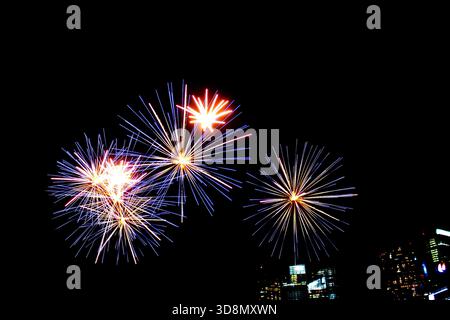 Des feux d'artifice éclatent brillamment contre un ciel nocturne sombre, illuminant le paysage urbain. Banque D'Images