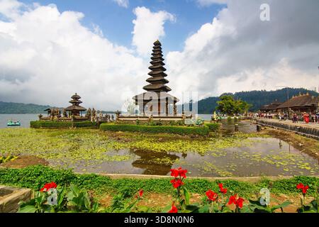 Les temples de pagodes à plusieurs étages s'élèvent sereinement des eaux couvertes de nénuphars, leurs reflets reflétant le ciel et les montagnes dans un sanctuaire paisible d'Asie de l'est. Banque D'Images