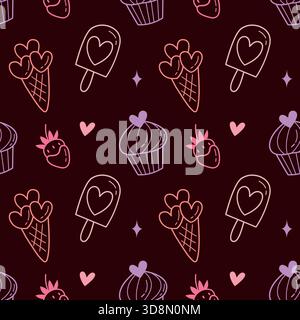 Cute Dark dessert Seamless Pattern avec cônes de crème glacée, barres de crème glacée et Cupcakes Illustration de Vecteur