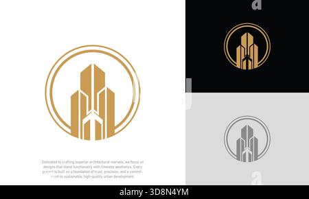 Vecteur de logo immobilier de luxe. Design d'icône de tour de bâtiment urbain doré. Symbole d'architecture moderne et d'investissement immobilier haut de gamme. Illustration de Vecteur