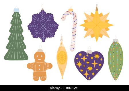 Boules d'arbre de Noël sous différentes formes, décor festif illustration vectorielle dessinée à la main simple pour les vacances d'hiver décor coloré saisonnier tel que carte de voeux, invitation, autocollant Illustration de Vecteur