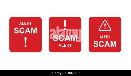 Signe d'alerte d'arnaque. Ensemble de bannières rouges avec des informations sur la fraude Illustration de Vecteur