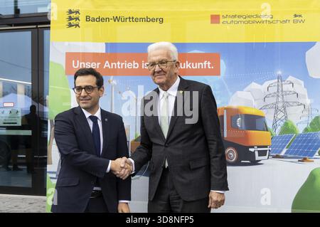 Événement annuel sur le dialogue stratégique de l'industrie automobile (SDA) de BW à Stuttgart. De gauche à droite, Stéphane Sejourne (Vice-Président exécutif de l'Euro Banque D'Images