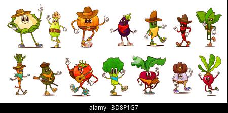 Caricature groovy cow-boy et bandit personnages végétaux de carotte hippie rétro, tomate, poivre et avocat vecteurs de nourriture. Personnages de brocoli, aubergines et radis funky groovy Wild West Illustration de Vecteur