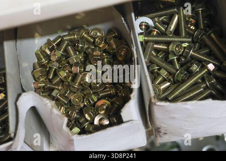 Gros plan des boulons et des vis métalliques dorés à l'intérieur du bac de rangement. fixations assorties empilées en atelier pour la construction ou Banque D'Images