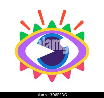 Autocollant vintage Y2K groovy pour les yeux humains ou patch funky. Patch vectoriel rétro des années 2000, autocollant cool Y2K. Étiquette nostalgique funky ou étiquette vintage des années 90 avec globe oculaire et cils humains funky colorés Illustration de Vecteur