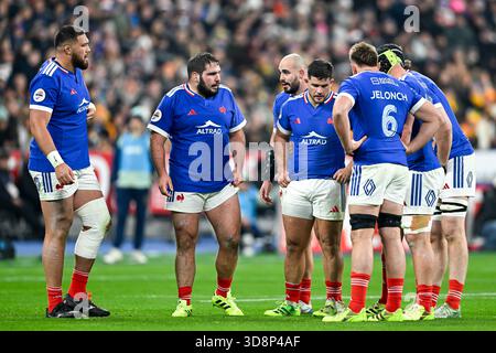 Équipe de France avec Emmanuel Meafou Regis montagne et Julien Marchand lors du match de rugby à xv des Quilter Nations Series France VS Australia (Wallabies) au stade de France le 22 novembre 2025 à Paris. Photo Victor Joly / DPPI Banque D'Images