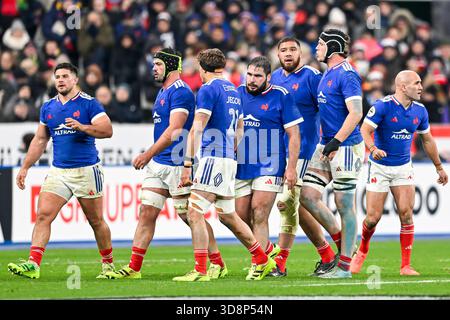 Équipe de France avec Emmanuel Meafou Regis montagne Maxime Lucu et Julien Marchand lors du match de rugby à xv Quilter Nations Series France VS Australia (Wallabies) au stade de France le 22 novembre 2025 à Paris. Photo Victor Joly / DPPI Banque D'Images