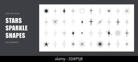 Forme d'étoiles définie. Icônes d'étoiles noires modernes. Collection Flash, Shine ou Glitter. Illustration vectorielle rétro Illustration de Vecteur