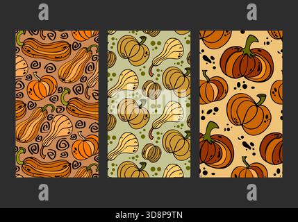 Ensemble de motifs sans couture d'automne avec différentes citrouilles, courges, courgettes pour la décoration et l'impression de vêtements, papier peint, emballage. Papiers d'emballage. Banque D'Images