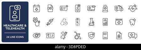 Jeu d'icônes de ligne santé et télésanté avec contour modifiable. Recueil de télémédecine, rendez-vous, DMI, ID patient, test de laboratoire, HIPAA Illustration de Vecteur