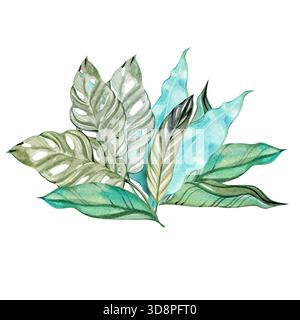 Arrangement de feuillage tropical aquarelle avec couches de feuilles vertes et bleues. Composition botanique aérienne inspirée des plantes exotiques. Idéal pour décoratif Banque D'Images