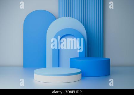 Plusieurs podiums bleus et cyan sur un fond avec des arches géométriques Banque D'Images