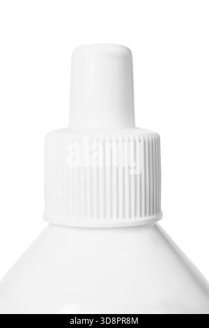 Bouchon de flacon compte-gouttes en plastique blanc gros plan isolé sur blanc Banque D'Images