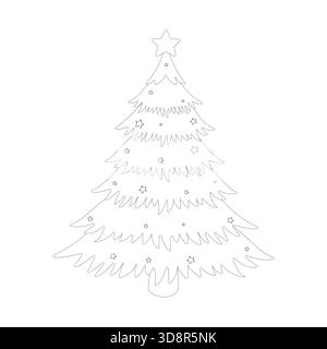Illustration de sapin de Noël avec branches étagées et une grande étoile sur le dessus. Décoré avec de petites formes d'étoile à travers l'arbre. Monochrome simple Illustration de Vecteur