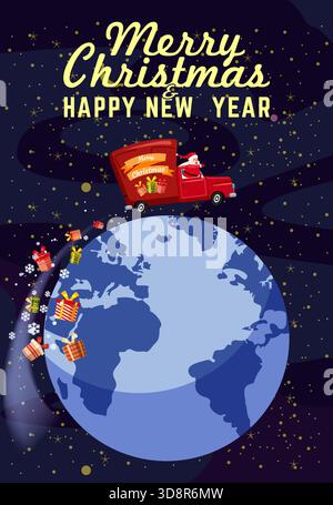 Rétro poster Père Noël avec grand sac de cadeaux cadeaux de livraison cadeaux. Village de paysage d'hiver de nuit Illustration de Vecteur