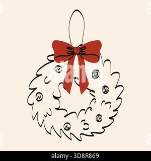 Une couronne ronde faite de branches à feuilles persistantes pend à une ficelle. Il dispose d'un grand noeud rouge et plusieurs ornements, ajoutant une touche gaie à la fête d Illustration de Vecteur