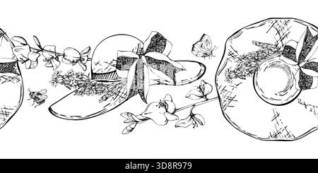 Lavande lavandula bouquet sur chapeau de paille tissé avec ruban noeud. Fleurs de Spartium et papillon volant. Main d'illustration de bannière sans soudure isolée Illustration de Vecteur