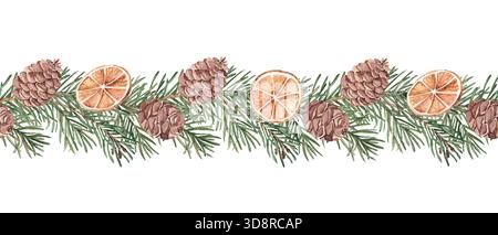 Branches de pin ou de sapin avec cônes horizontal motif de bordure sans couture aquarelle. Illustration peinte à la main d'une plante forestière d'hiver avec des oranges séchées Banque D'Images