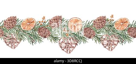 Branches de pin ou de sapin avec cônes horizontal motif de bordure sans couture aquarelle. Illustration peinte à la main d'une plante forestière d'hiver avec des oranges séchées Banque D'Images