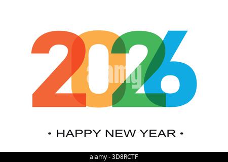 Typographie multicolore 2026 vibrante avec des chiffres qui se chevauchent et un message moderne du nouvel an. Illustration de Vecteur