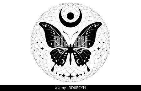 Papillon mystique et croissant de lune céleste symbole, Torus sacré, dessin païen wiccan. Logo ésotérique Boho Moth pour les pratiques spirituelles de l'ethnie Illustration de Vecteur