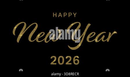 Élégante salutation « bonne année 2026 » avec texte scintillant doré scintillant sur fond noir. Illustration de Vecteur