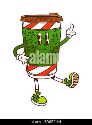 Personnage de chocolat chaud groovy dans une tasse en papier Illustration de Vecteur