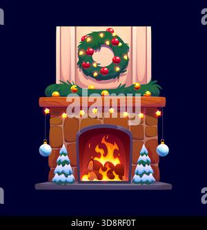 Cheminée confortable de Noël, salle de fête de dessin animé Illustration de Vecteur