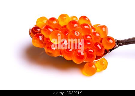 Caviar rouge dans une cuillère argentée isolée sur fond blanc. Gros plan d'œufs de saumon. Épicerie fine. Fruits de mer en toile de fond. Macro tir au caviar de saumon CHUM. Banque D'Images