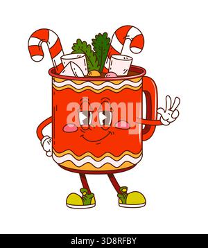 Groovy personnage de chocolat chaud de Noël dans la tasse Illustration de Vecteur