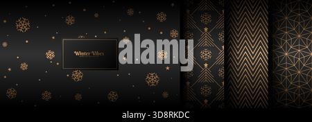 Ensemble de motif d'or d'hiver de Noël noir sans couture vecteur. Chute de neige de luxe, arbre de Noël linéaire, zig zag, papier d'emballage étoile linéaire, page web sans fin Illustration de Vecteur