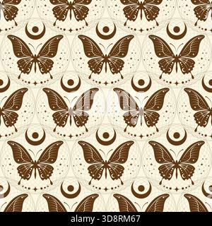 Fond de modèle sans couture mystique, papillon et symbole de lune céleste, papier peint sacré païen wiccan design. Texture vintage ésotérique Illustration de Vecteur