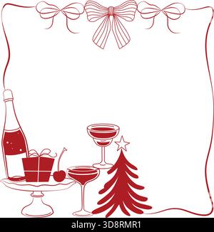 Carte de Noël ou de nouvel an dessinée à la main avec cadre décoratif et noeuds rouges, champagne, cadeau et arbre de Noël dans le style doodle Illustration de Vecteur