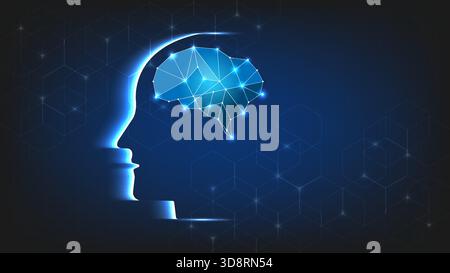 Contour de la tête humaine brillant avec un réseau cérébral numérique connecté sur un fond technologique bleu foncé Illustration de Vecteur