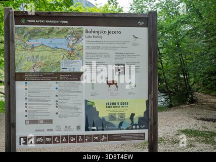 Panneau d'information pour le lac Bohinj dans le parc national du Triglav, Slovénie, montrant des cartes, des détails sur la faune et des conseils de sécurité pour la randonnée dans un cadre forestier. Banque D'Images